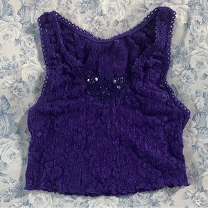 Vintage Lace Tank Top Purple Stretchy Sheer Cropped Lingerie Beaded Sequin Rave